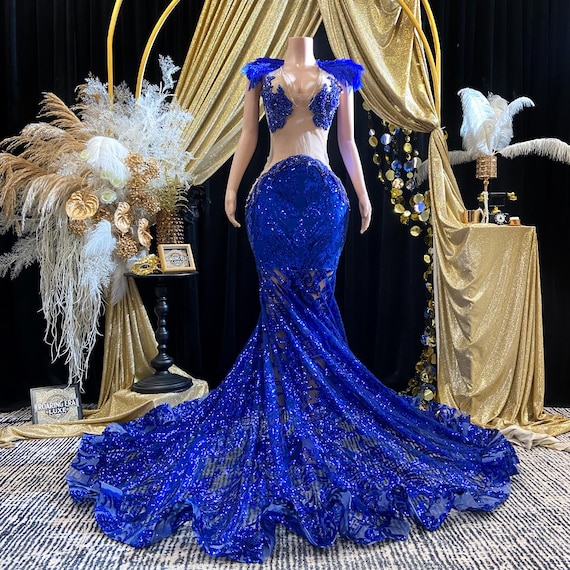 royal blue and gold mermaid dress Royal Blue Sequin Mermaid Dress With Feathered Detail and Train Glamorous  Evening Birthday Party Gown Formal Events or Red Carpet Occasions