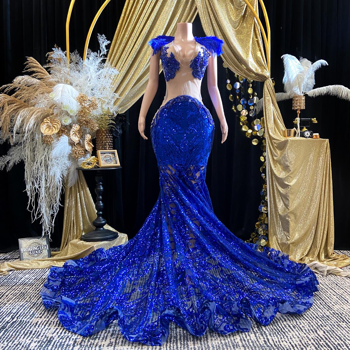 blue and gold mermaid dress Royal Sequin With Feathered Detail Train Glamorous Evening Birthday Party Gown Formal Events or Red Carpet Occasions Evening Dresses in Velvet Collection: REdraft JANUARY 25 Wtxue Sundresses for Women, Size:US18 - Preorder
