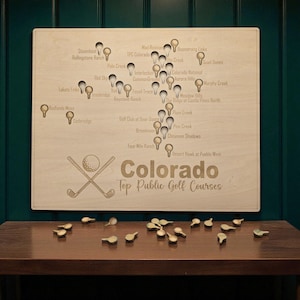 May include: A wooden sign with the text "Colorado Top Public Golf Courses" and a map of golf course locations. The sign has small wooden golf tee markers. A golf ball and crossed golf clubs are also featured.