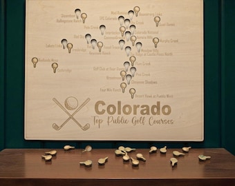 Colorado Golf Courses Map- Best public courses in CO- Gift for a golfer with golf ball cutouts to track the courses you've completed