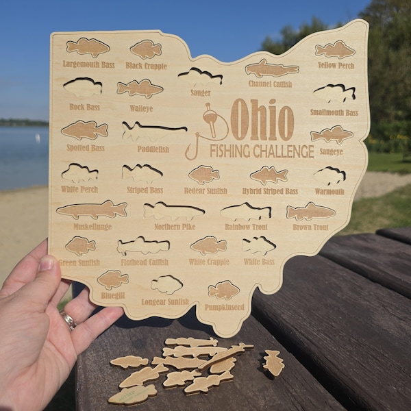 Ohio Fishing Map| Fishing Log Gift for Fisherman| Game fish of OH with fish cutouts to track your catch| Sport Fish Sign| Anglers Decor