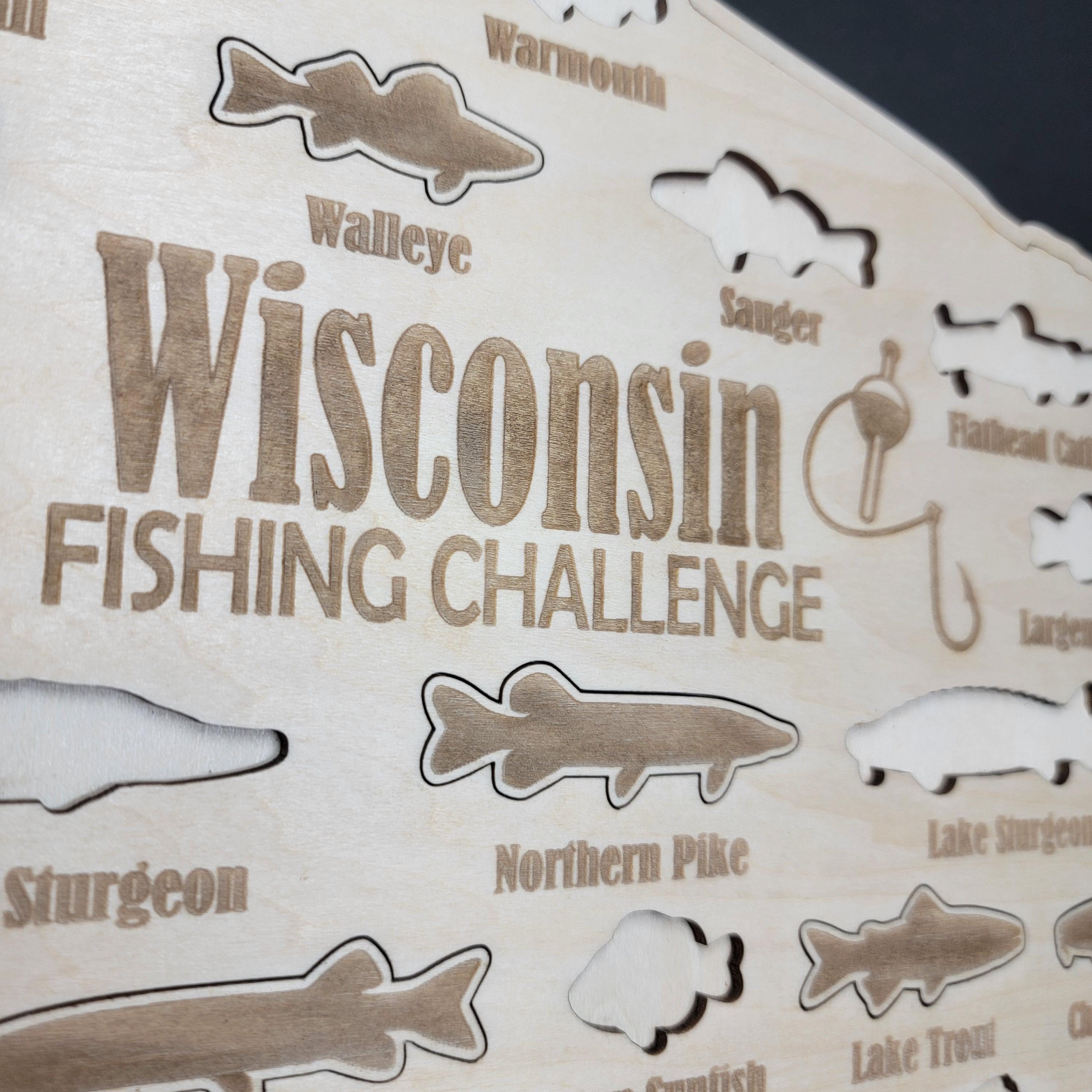 Wisconsin Fishing Map| Fishing Log Gift for Fisherman| Game fish of WI with fish cutouts to track your catch| Sport Fish Sign| Anglers Decor