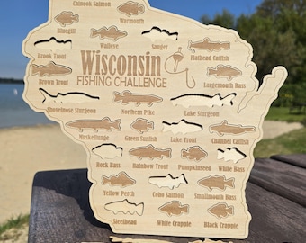 Wisconsin Fishing Map| Fishing Log Gift for Fisherman| Game fish of WI with fish cutouts to track your catch| Sport Fish Sign| Anglers Decor
