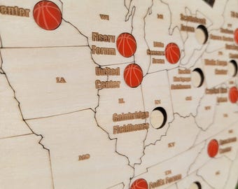 Basketball Stadium Travel Map- NBA Courts with basketball cutouts to mark the places you've visited