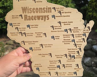 Wisconsin Raceways Map- Racetracks in Wisconsin with checkered flag cutouts to mark the ones you've traveled to or raced at