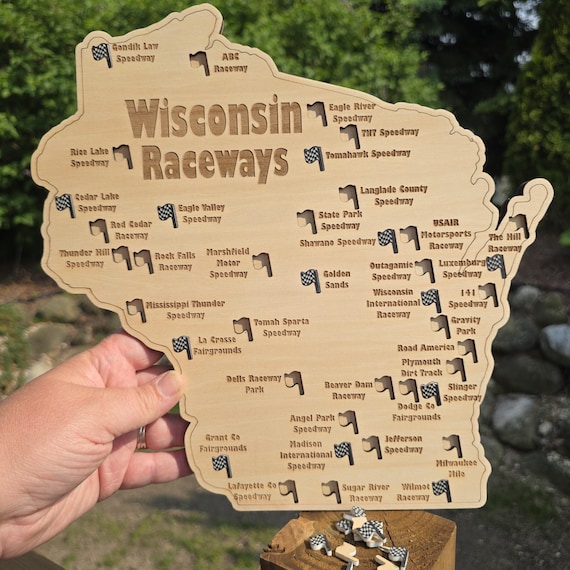 Wisconsin Raceways Map- Racetracks in Wisconsin with checkered flag cutouts to mark the ones you've traveled to or raced at