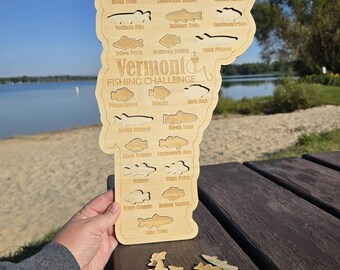 Vermont Fishing Map| Fishing Log Gift for Fisherman| Game fish of VT with fish cutouts to track your catch| Sport Fish Sign| Anglers Decor