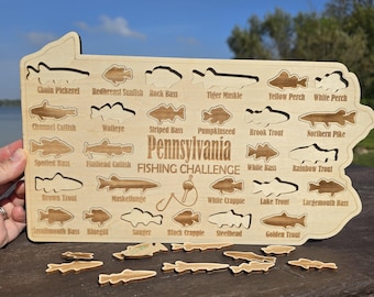 Pennsylvania Fishing Map| Fishing Log Gift for Fisherman| Game fish of PA with fish cutouts to track your catch| Sport Fish Anglers Sign