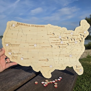 Baseball Stadium Travel Map- MLB Ball Parks with baseball cutouts to mark the ones you've visited