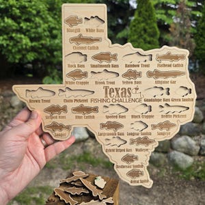 Carte de pêche du Texas | Cadeau de bûche de pêche pour pêcheur | Jeu de poissons du Texas avec des découpes de poisson pour suivre vos prises | Signe de poisson de sport | Décoration du pêcheur