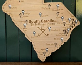 South Carolina Golf Courses Map-top public golf courses in SC with golf ball cutouts to track where you've been