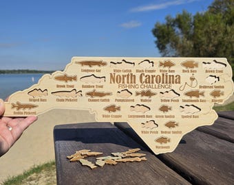 North Carolina Fishing Map| Fishing Log Gift for Fisherman| Game fish of NC w fish cutouts to track your catch| Sport Fish| Anglers Decor
