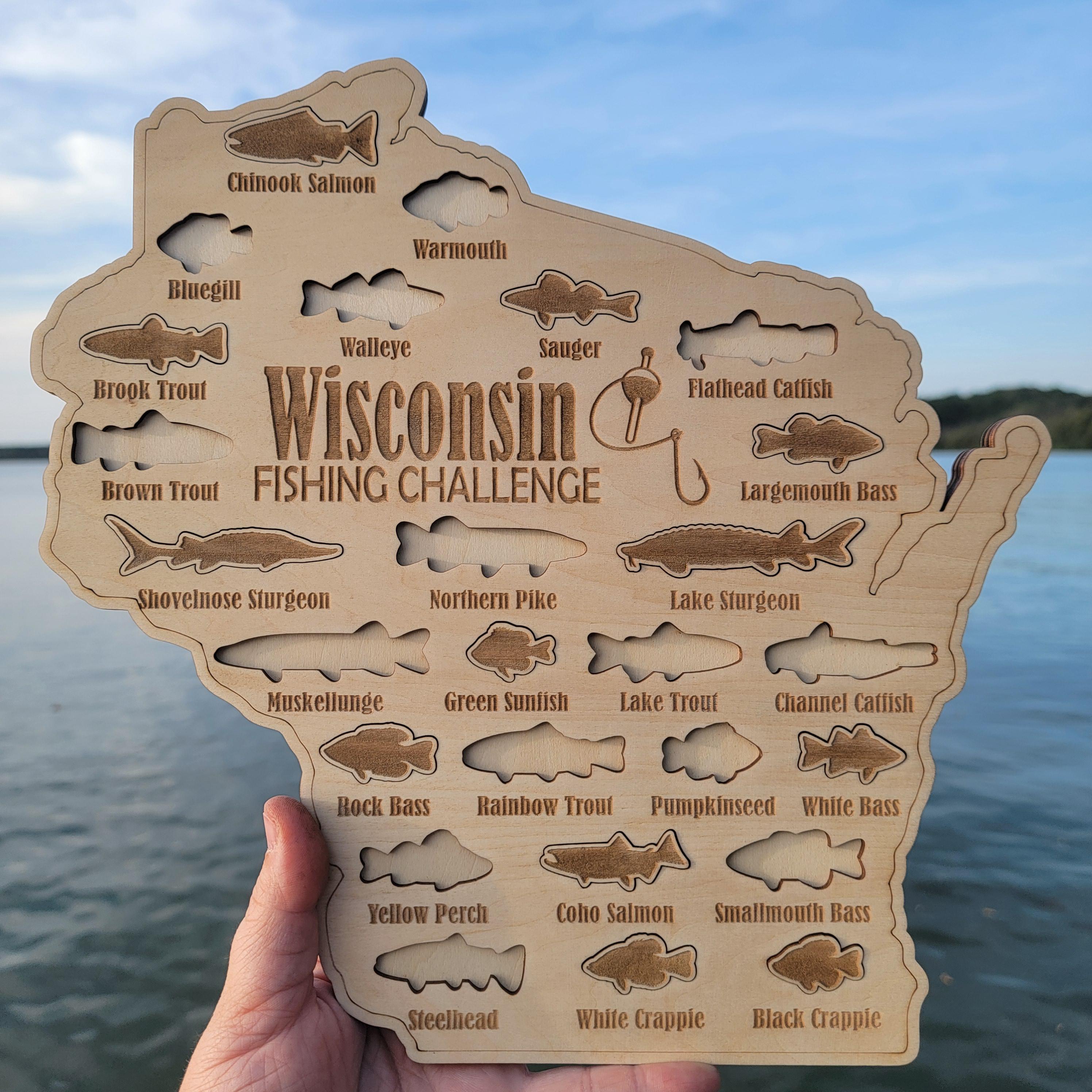 Wisconsin Fishing Map| Fishing Log Gift for Fisherman| Game fish of WI with fish cutouts to track your catch| Sport Fish Sign| Anglers Decor