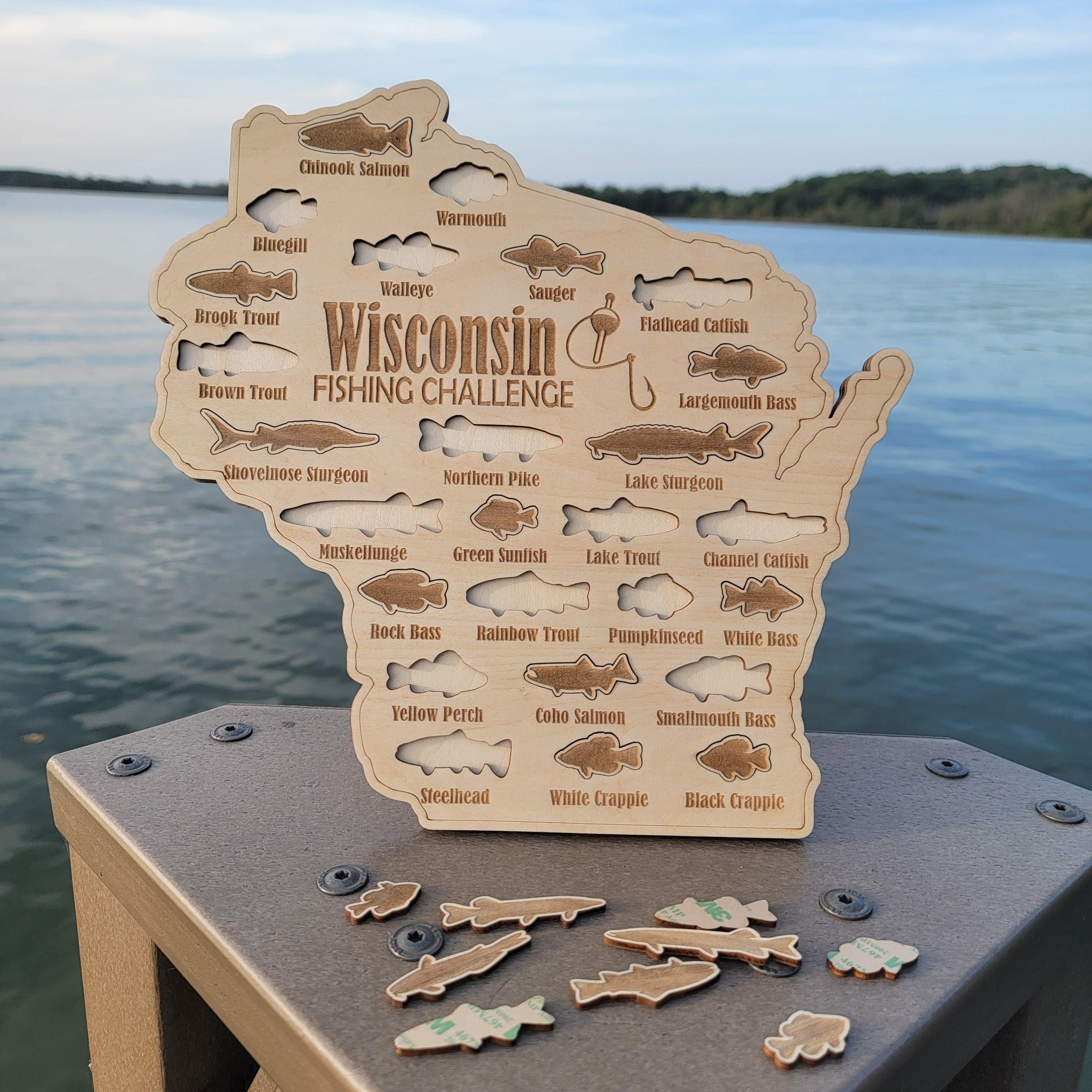 Wisconsin Fishing Map| Fishing Log Gift for Fisherman| Game fish of WI with fish cutouts to track your catch| Sport Fish Sign| Anglers Decor