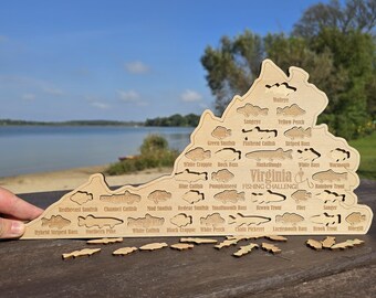 Virginia Fishing Map| Fishing Log Gift for Fisherman| Game fish of VA with fish cutouts to track your catch| Sport Fish Sign| Anglers Decor