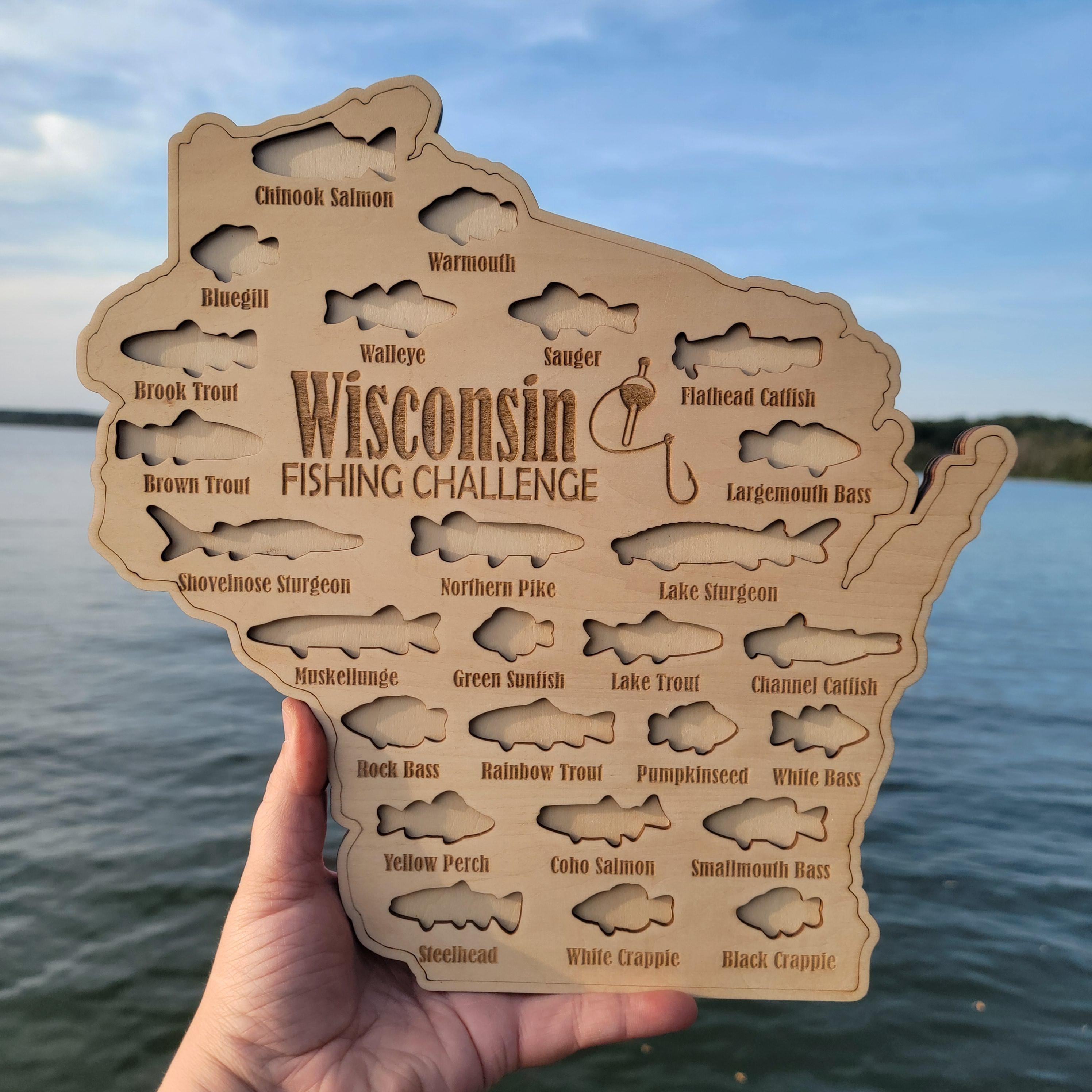 Wisconsin Fishing Map| Fishing Log Gift for Fisherman| Game fish of WI with fish cutouts to track your catch| Sport Fish Sign| Anglers Decor