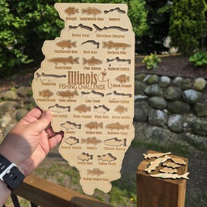 Carte de pêche de l'Illinois| Cadeau de bûche de pêche pour pêcheur | Jeu de poissons de l'Illinois avec des découpes de poisson pour suivre vos prises | Panneau de pêche sportive| Décoration du pêcheur