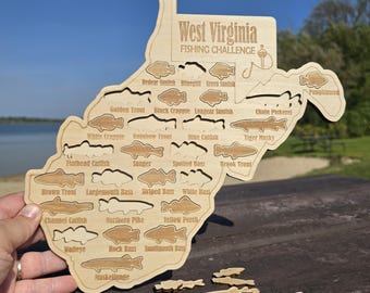 West Virginia Fishing Map| Fishing Log Gift for Fisherman| Game fish of WV w fish cutouts to track your catch| Sport Fish Sign|Anglers Decor