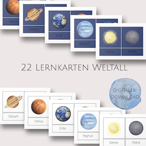 Cartes d'apprentissage I Planètes I Voyage dans l'espace I Montessori I Cartes illustrées I Découvrir l'univers I Imprimables I PDF I Matériel pédagogique I Maternelle