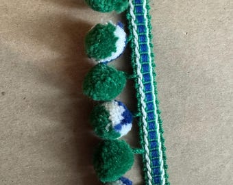 3 yards Multi Colored -  Mod Vintage Pom Poms Ball Fringe 60s 70s New Old Stock White Green Blue