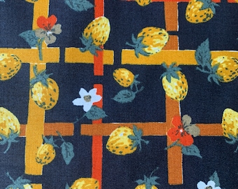 Golden Strawberries on Black- Vintage Fabric Kitchen Food Fruit Berries