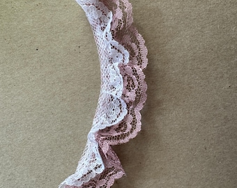 Rose Pink and white Lace - 3 yards Vintage Fabric Trim New Old Stock Doll Making Costumes gathered Ruffles Ruffled