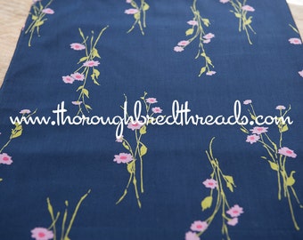 Pretty Floral Stems- Vintage Fabric Mod Flowers Juvenile Floral Novelty Navy Pink Daisies Wildflowers