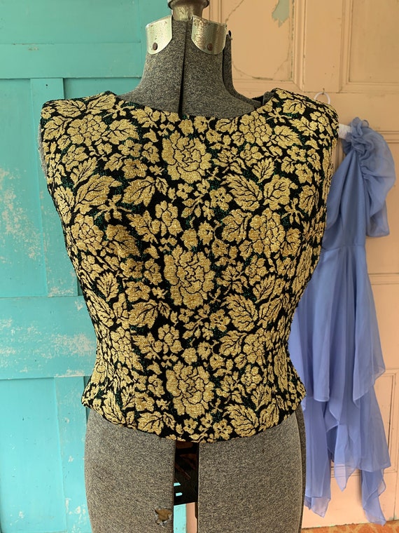 Vintage Top- Gold Metallic Lame Green 60s green Fo