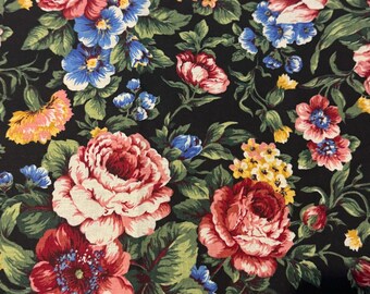 Beautiful Floral on Black - Vintage Fabric Novelty Flowers Shabby Chic Roses