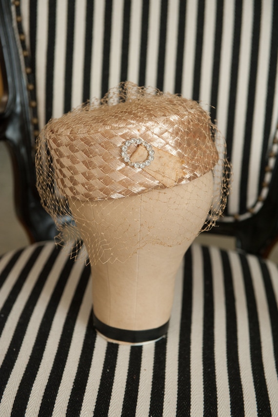 Vintage Floral Hat- 60s Roses Blush Champagne Rhinestone  display picture 2
