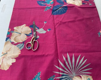 Burgundy Tropical- Novelty Vintage Fabric 80s New Old Stock Floral Leaves Islands