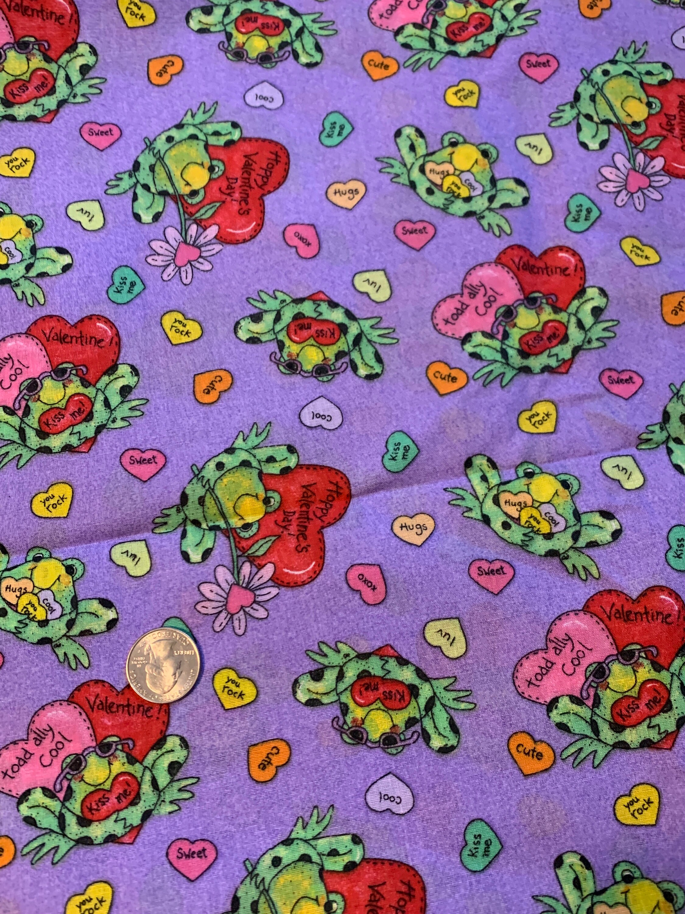 Frogs and Hearts Vintage Fabric New Old Stock Valentines Purple