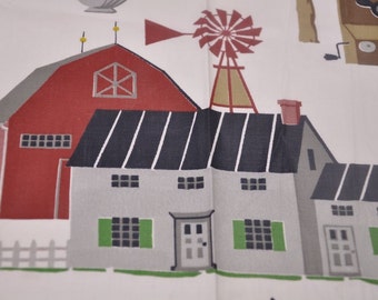 Kitschy Farm Print - Vintage Fabric Whimsical Novelty Cottage 36 in wide 50s 60s