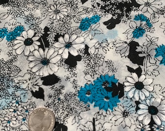 All Over Wildflowers- Vintage Fabric Apparel Daisies Gray Turquoise Black 80s
