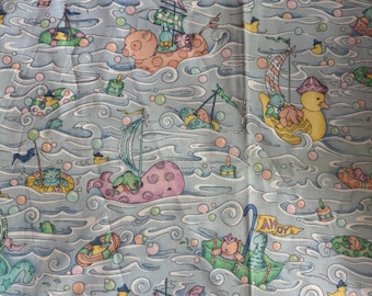 Fun Day at the Beach - Vintage Fabric New Old Stock Novelty Ocean Animals Kids Whales Ducks Cats Fish Waves Swimming