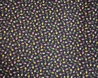 Sweet Rosebuds on Black- Vintage Fabric Dolls Doll Clothes 70s 80s Dainty Tiny Calico