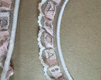 Vintage White Pink Lace Trim – 80s Gathered Doll Clothes Fabric (3 Yards) ABC's Baby Nursery