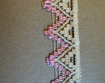 Cool tejido rosa y marfil - 1,5 yardas Vintage Trim New Old Stock 60s 70s Edging Fringe Crochet