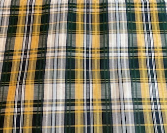 Classic Plaid Seersucker - Vintage Fabric Green Blue Gold Apparel Deadstock