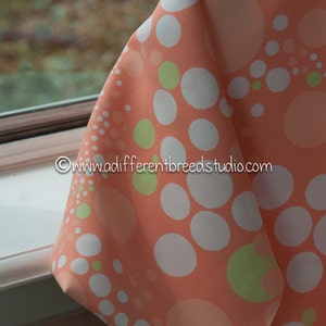 May include: A section of fabric with a repeating pattern of white, light green, and peach-colored circles. The fabric is draped over a window sill. The website address "www.adifferentbreedsstudio.com" is visible.