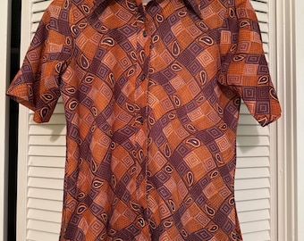 Mod Vintage Shirt - Polyester orange Brown 70s Paisley