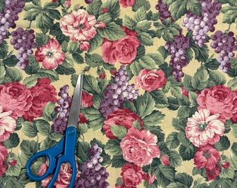 Roses and Grapes- Vintage Fabric New Old Stock Cottage Romantic Shabby Chic
