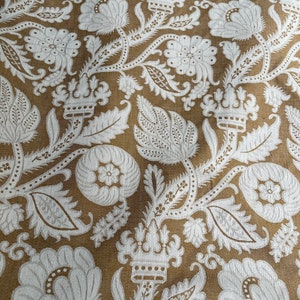 Large Scale Stylized Floral- Vintage Fabric Upholstery Curtains Tan Ivory 80s 90s Jacobean
