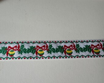 3 yards Christmas Embroidered  Vintage Trim- Holiday Ornaments Holly Red Bows