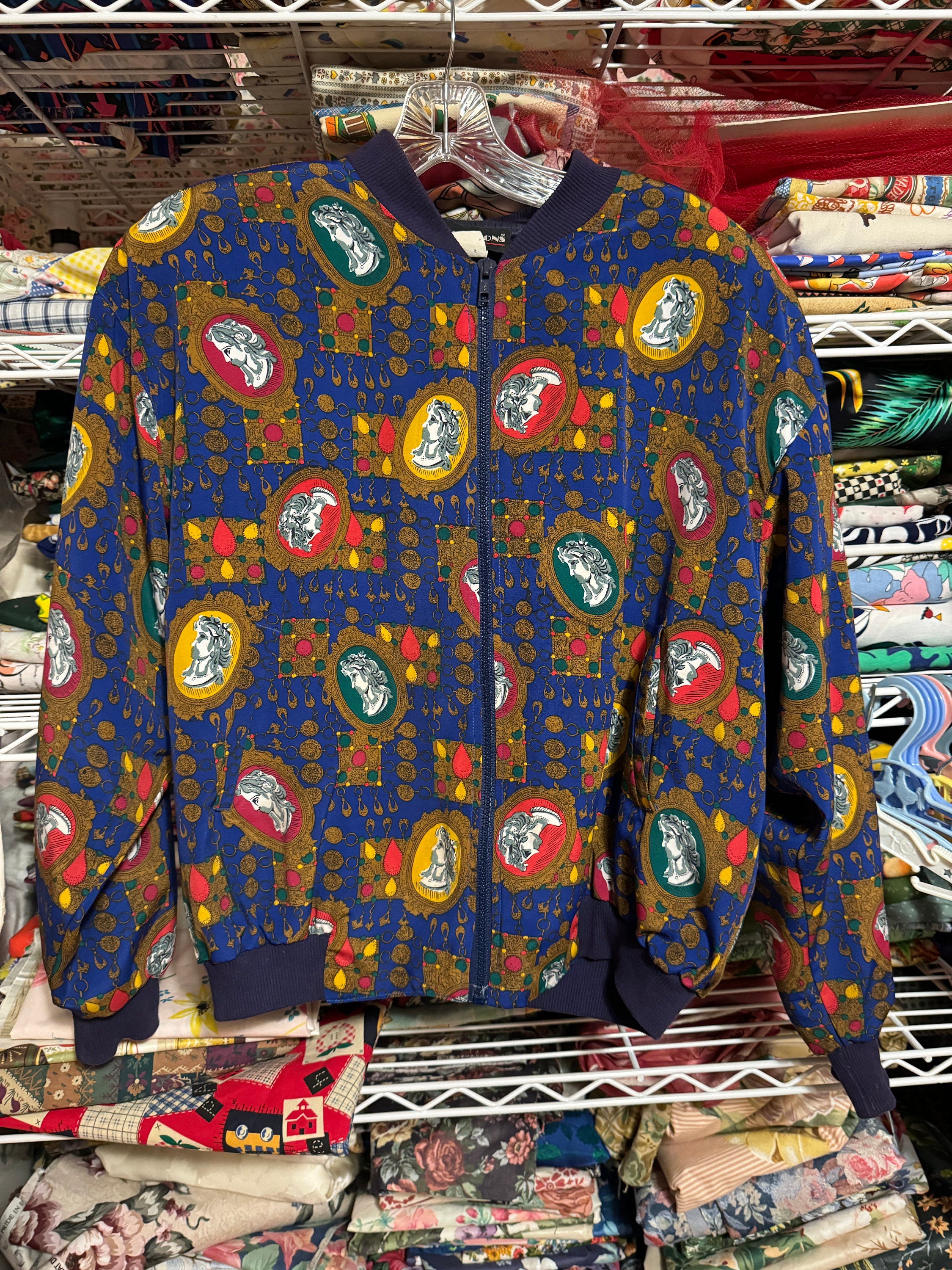 Vintage 80s 90s Zip Front Jacket - Coat Jewel Tones Bust Print