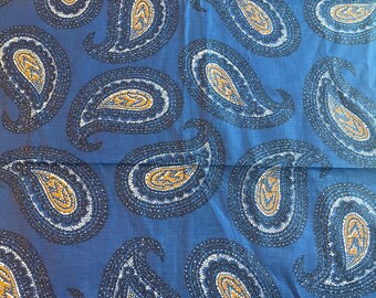Paisley dorado sobre azul - Vintage Fabric Paisley 50s 60s mediados de siglo