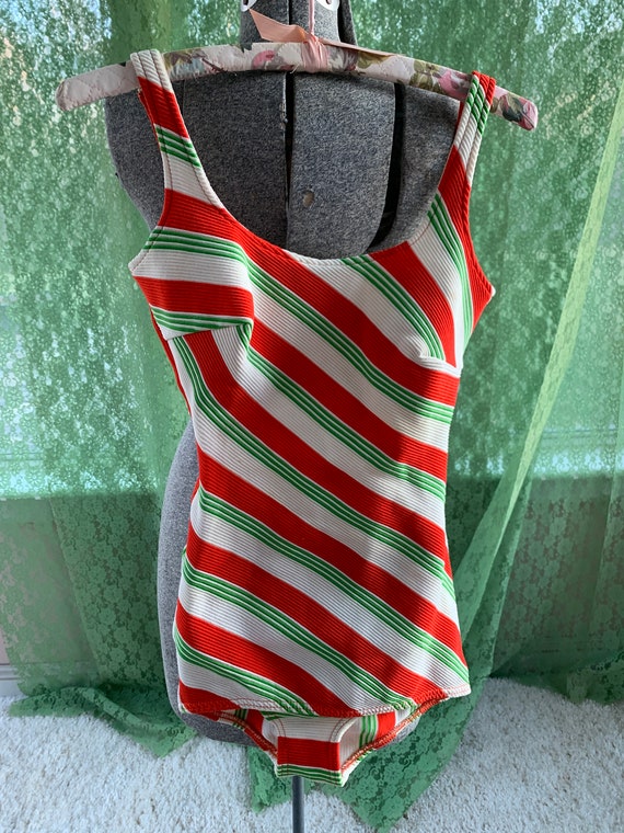 Vintage Bathing Suit - Striped Green Tomato Red Su