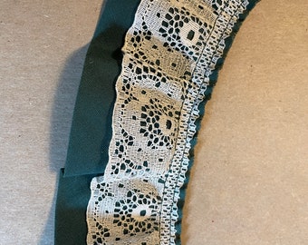 Pine Green and Lace - 3 yards Vintage Fabric Trim New Old Stock Dolls Ruffles Gathered Ruffled Christmas Holiday