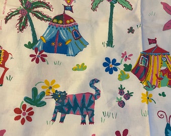 Colorful Caravan- Vintage Fabric Whimsical So Fun Juvenile Animals Camels Elephants Tigers Tents Palm Trees Desert