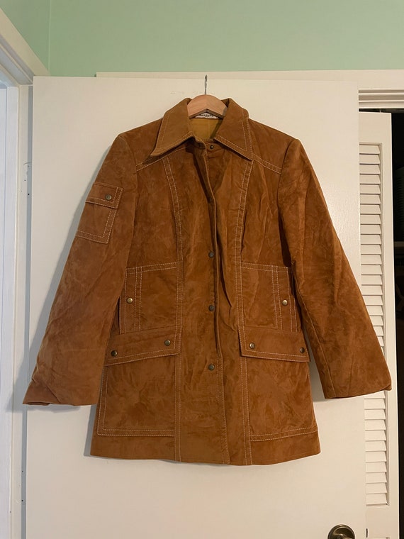 Vintage Faux Suede Coat- 70s 80s Topstitched Lined